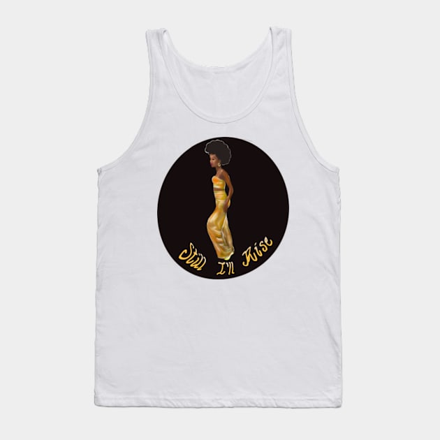 Still I’ll rise -dark background - black girl with Afro hair, shimmering gold dress and dark brown skin side profile. Tank Top by Artonmytee